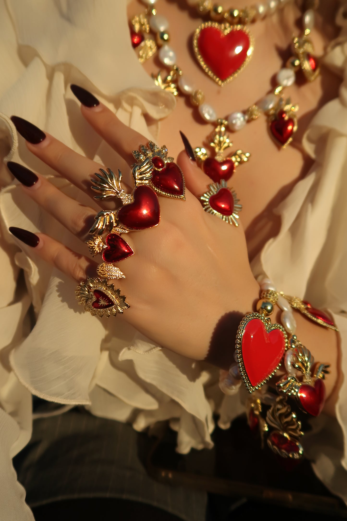 Mega Red Heart Freshwater Pearls Necklace & Bracelet