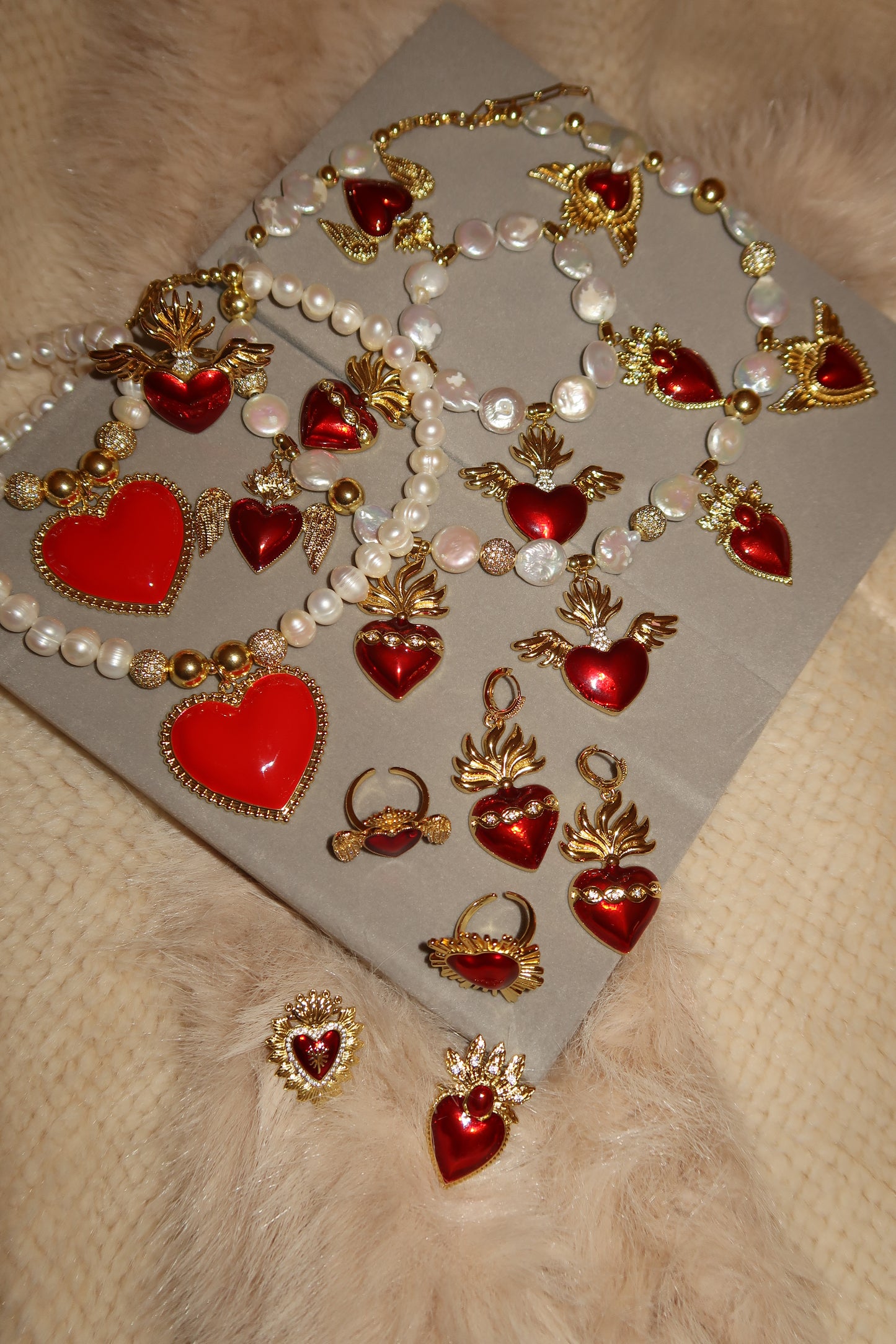 Sacred Hearts Baroque Pearls Necklace, Bracelet & Earrings