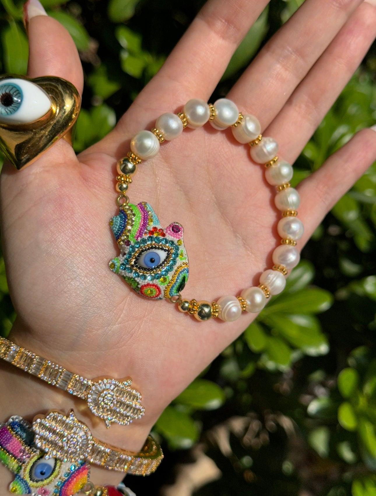 Rainbow Hamsa Eye Pearl Bracelet