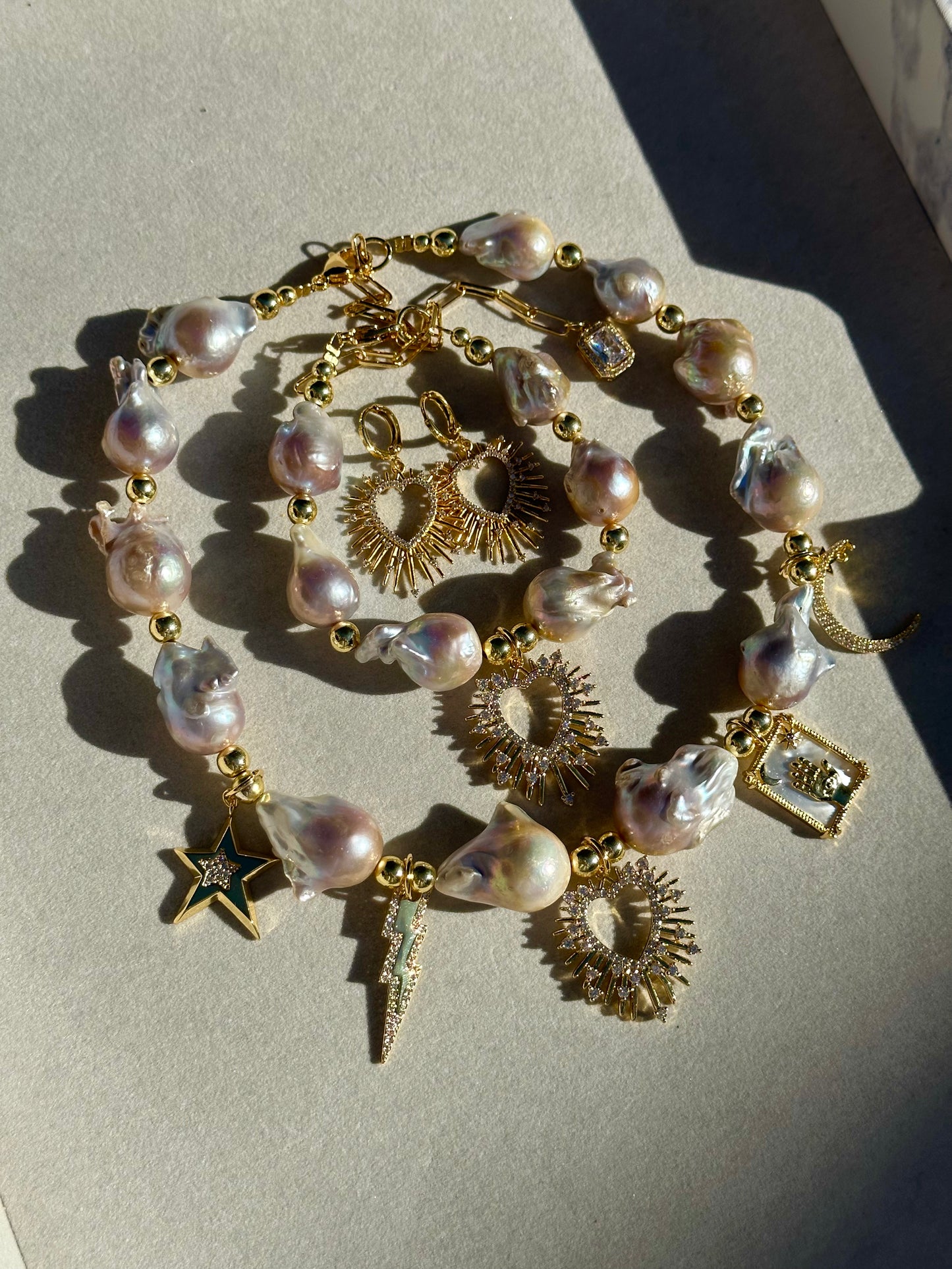 Baroque Pearls & Charms Necklace, Bracelet, Earrings (Sold Separately)