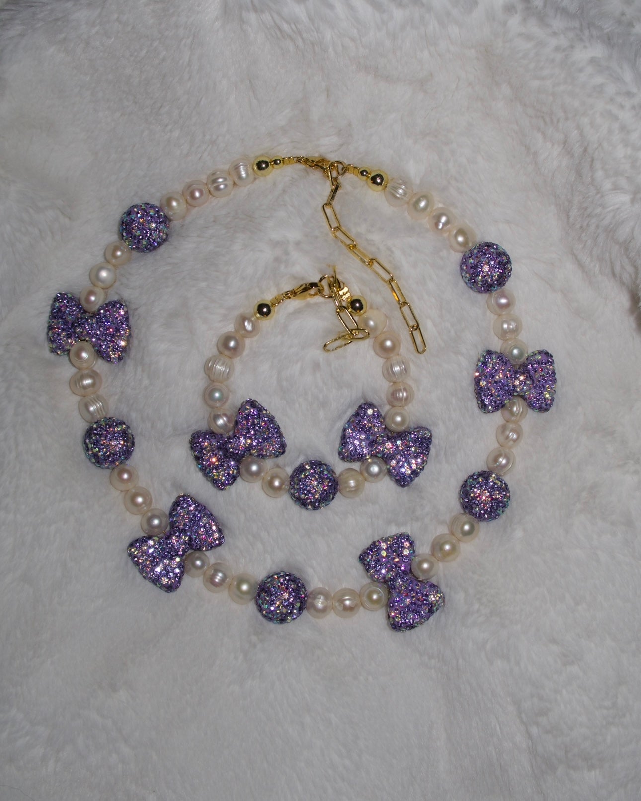 Bling Purple Bows Pearl Necklace & Bracelet🎀💜✨