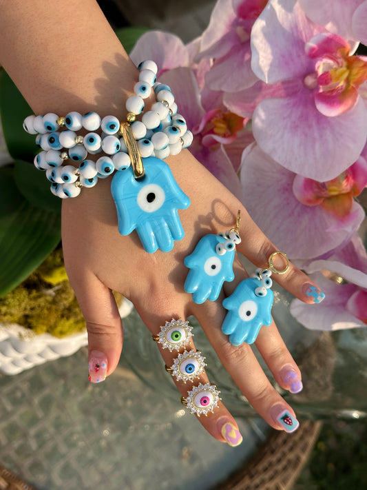 Lucky Eye Hamsa Bracelet, Earrings & Sparkly Eye Rings