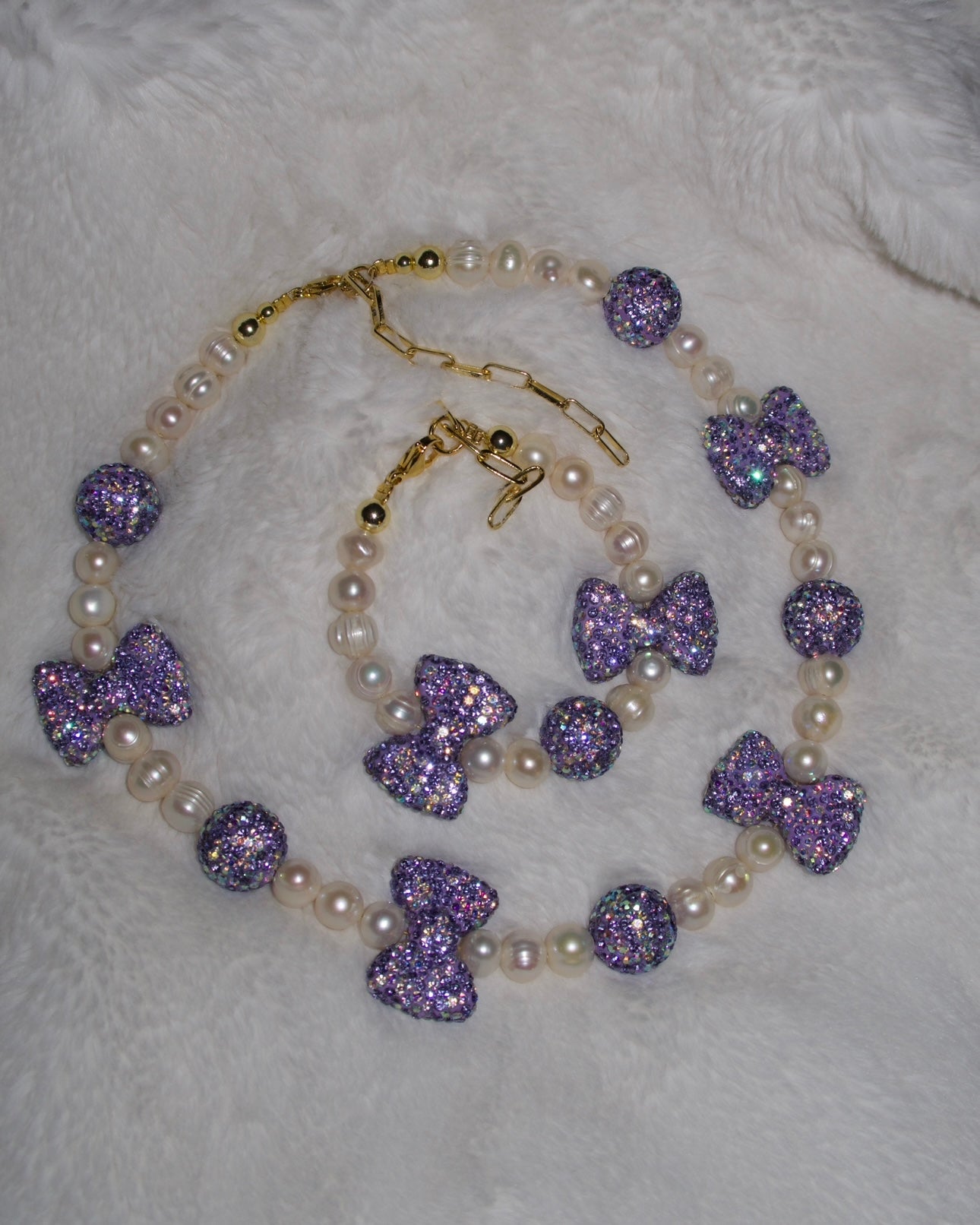 Bling Purple Bows Pearl Necklace & Bracelet🎀💜✨