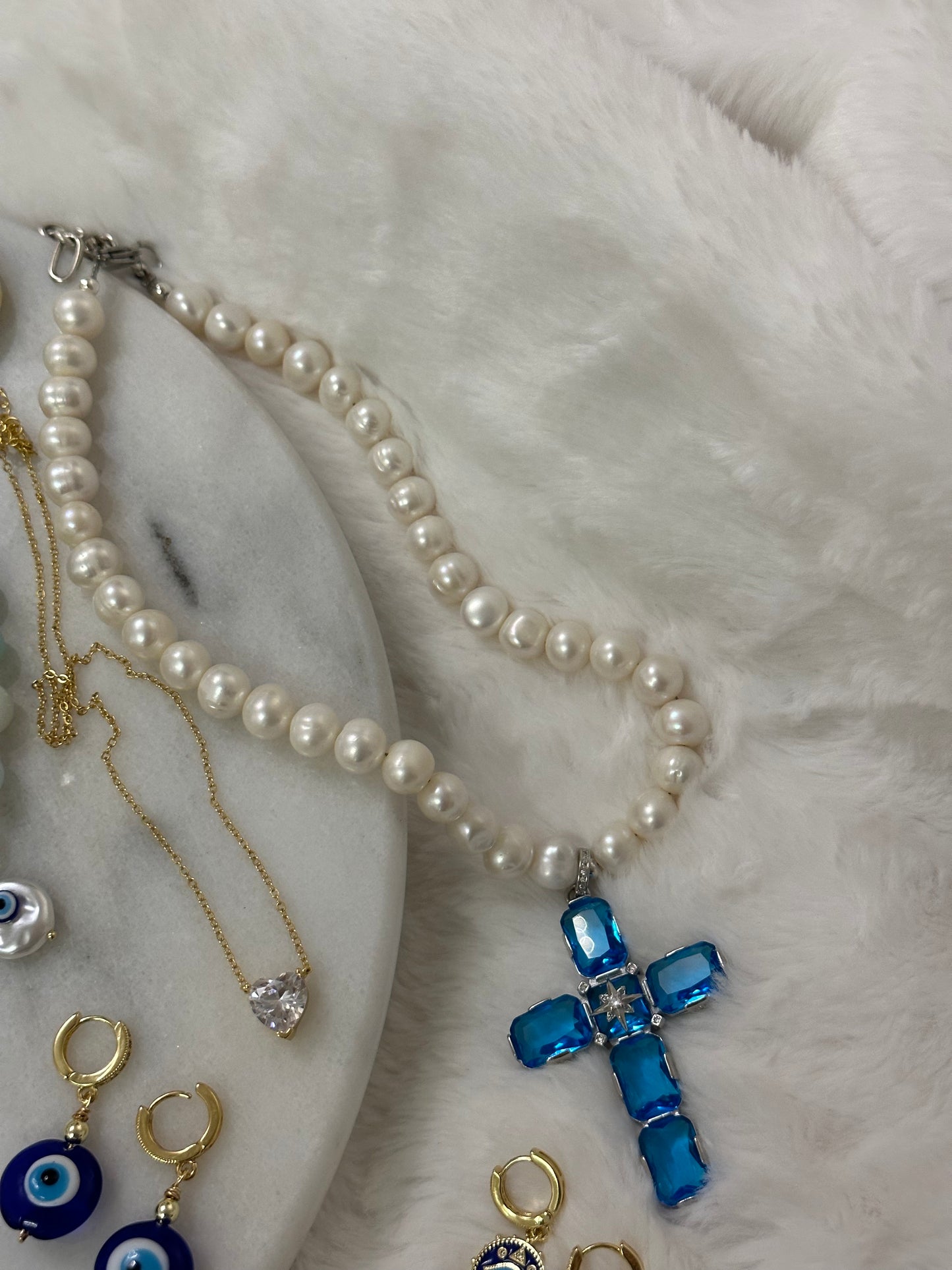 Freshwater Pearls Blue Crystal Cross Necklace