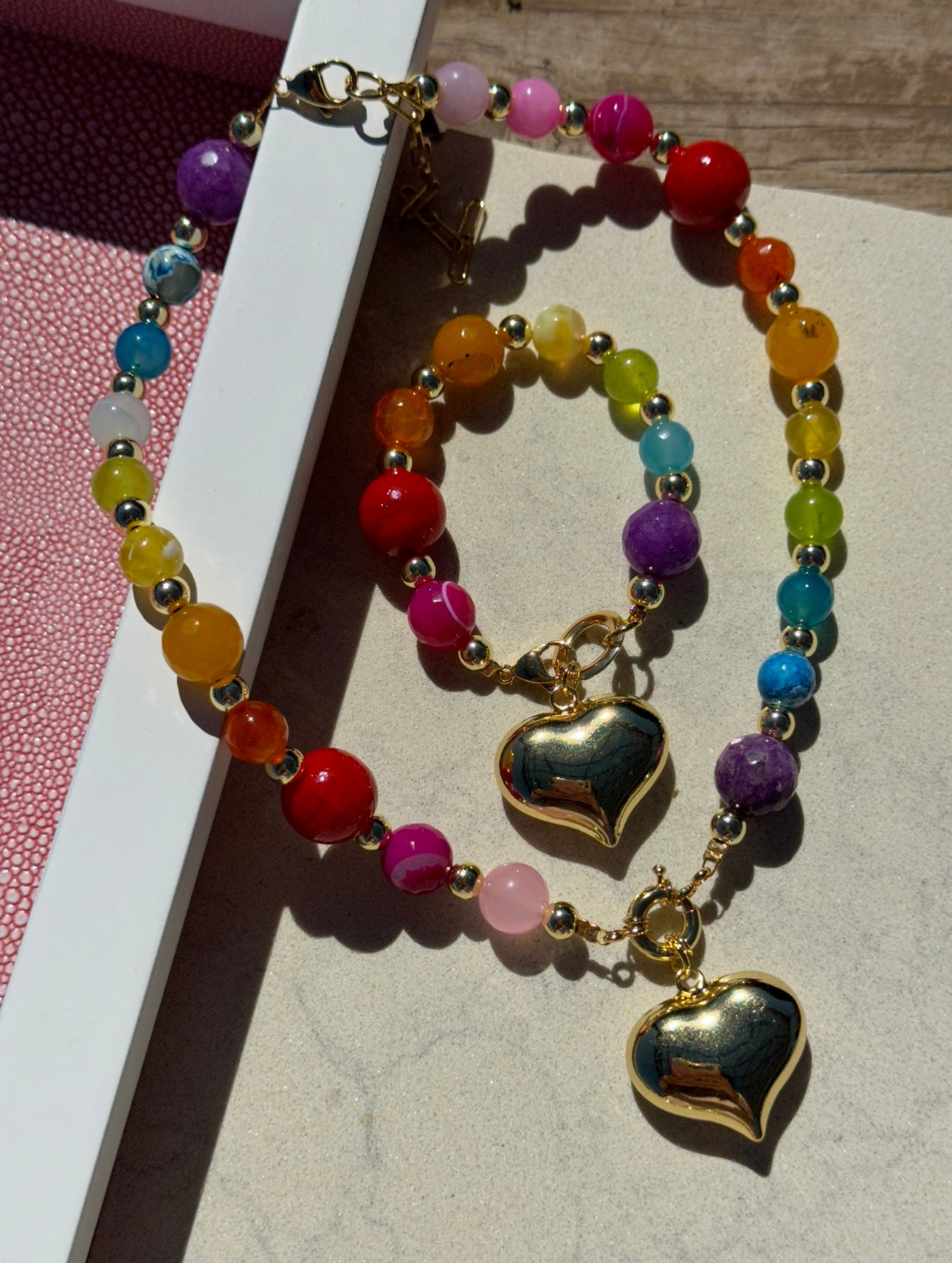 Rainbow Golden Heart Necklace & Bracelet (Sold Separately or as a Set)