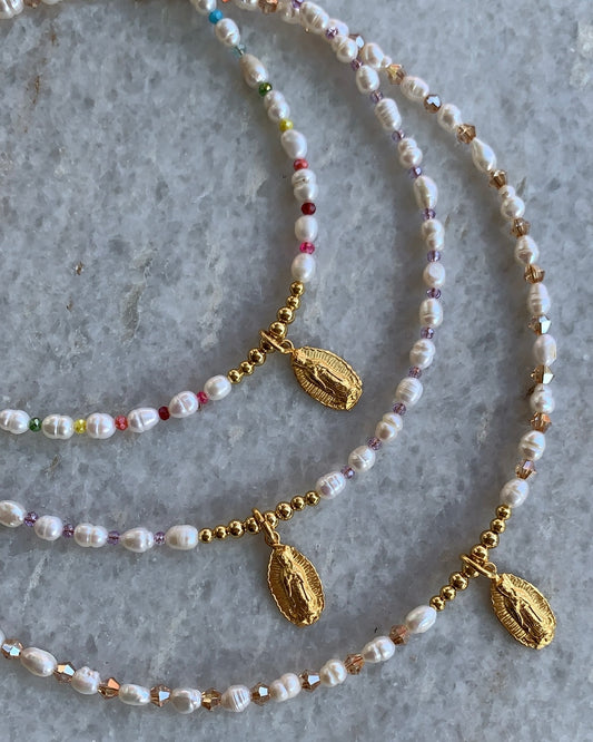 Virgen de Guadalupe Pearl Necklace (Choose Crystals Color)