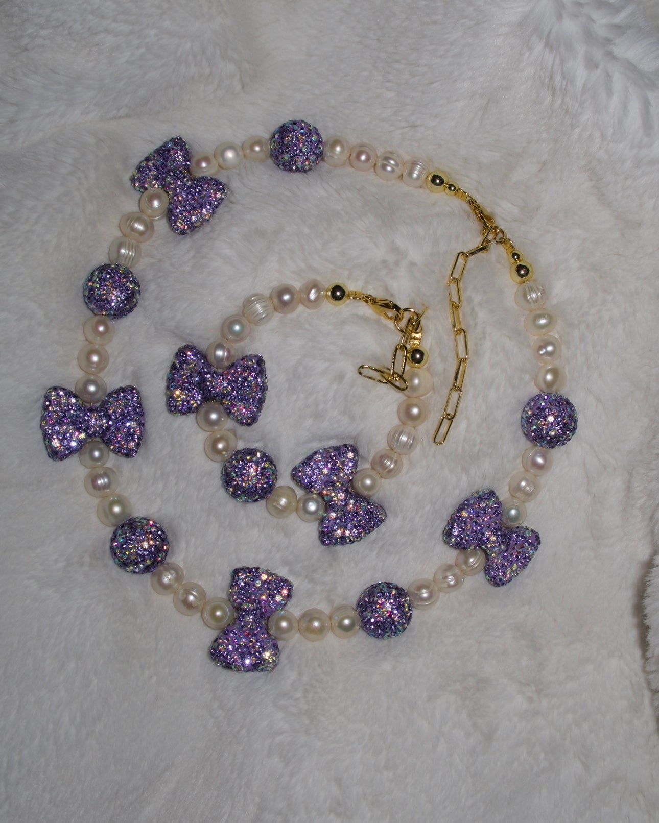 Bling Purple Bows Pearl Necklace & Bracelet🎀💜✨