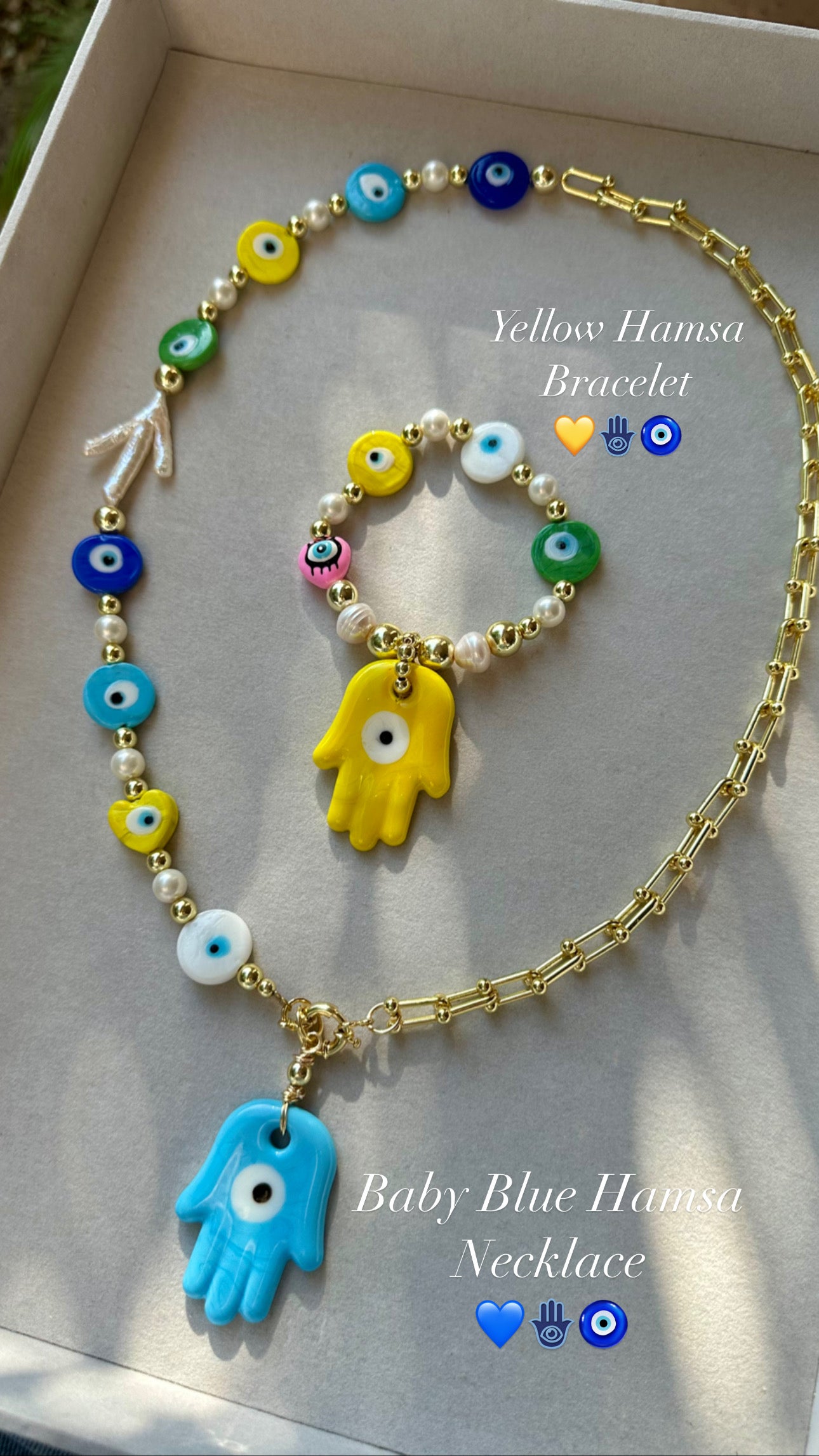 Blue Hamsa Necklace & Yellow Hamsa Bracelet (Sold Separately)