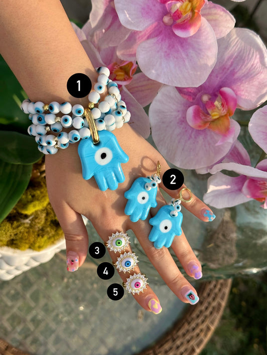 Lucky Eye Hamsa Bracelet, Earrings & Sparkly Eye Rings