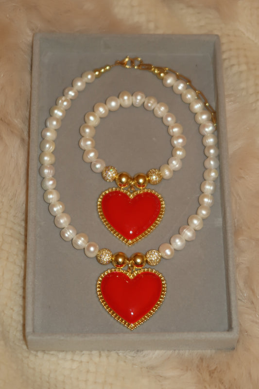 Mega Red Heart Freshwater Pearls Necklace & Bracelet
