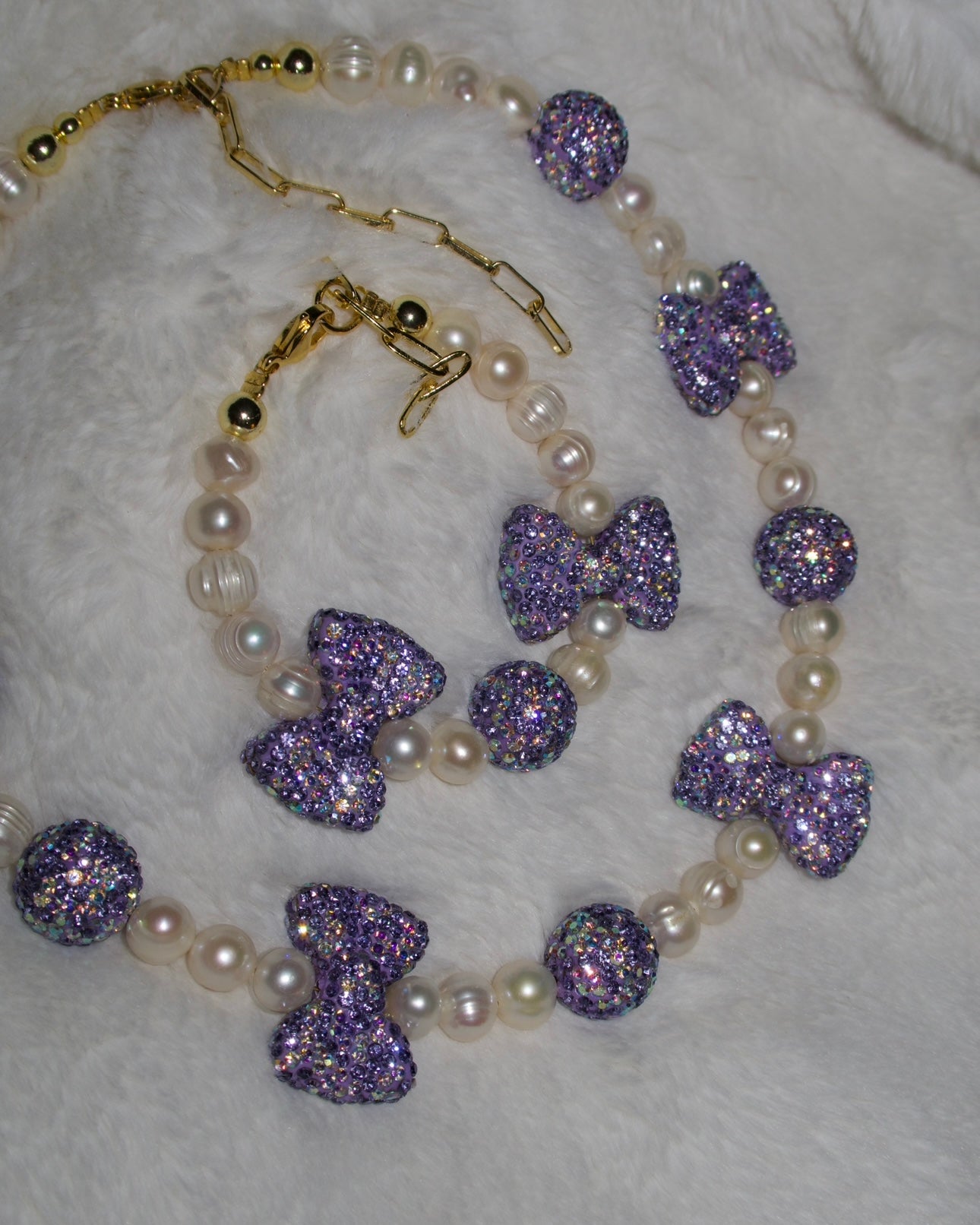 Bling Purple Bows Pearl Necklace & Bracelet🎀💜✨