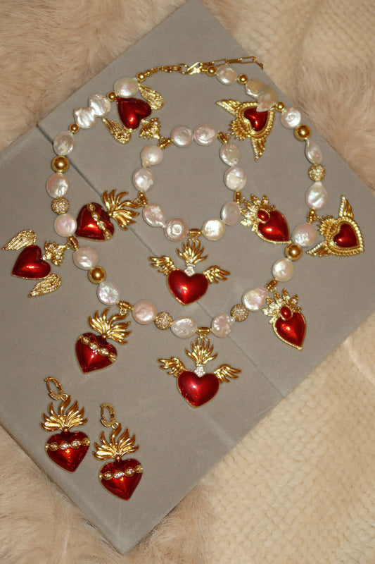 Sacred Hearts Baroque Pearls Necklace, Bracelet & Earrings