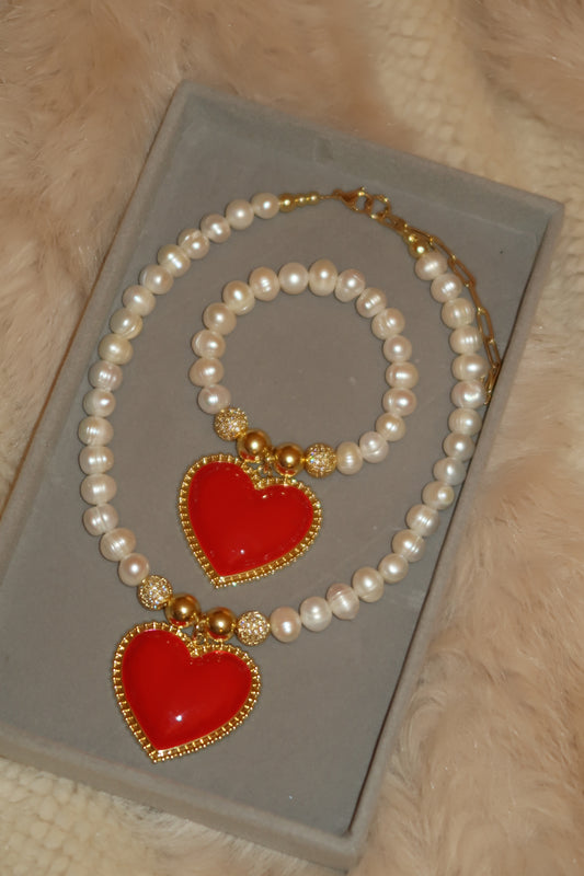 Mega Red Heart Freshwater Pearls Necklace & Bracelet