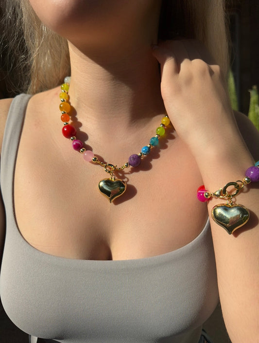 Rainbow Golden Heart Necklace & Bracelet (Sold Separately or as a Set)