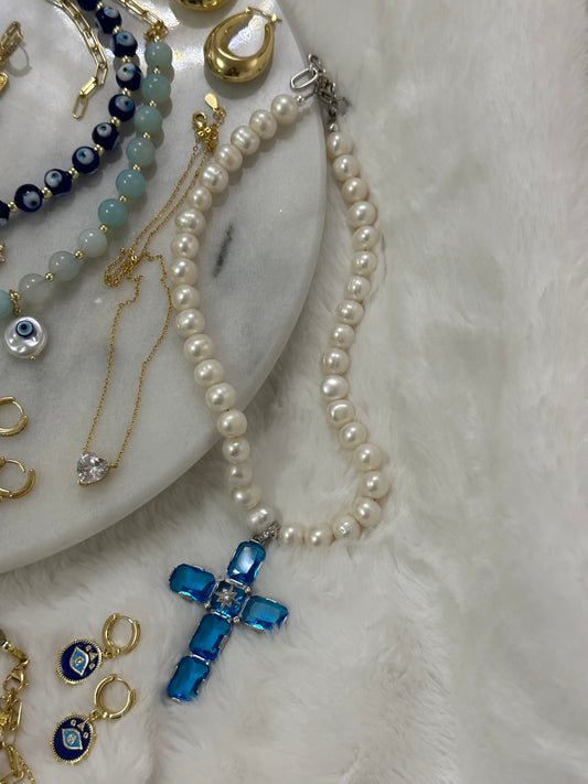 Freshwater Pearls Blue Crystal Cross Necklace