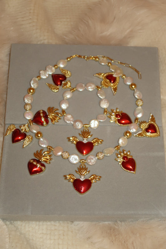 Sacred Hearts Baroque Pearls Necklace, Bracelet & Earrings