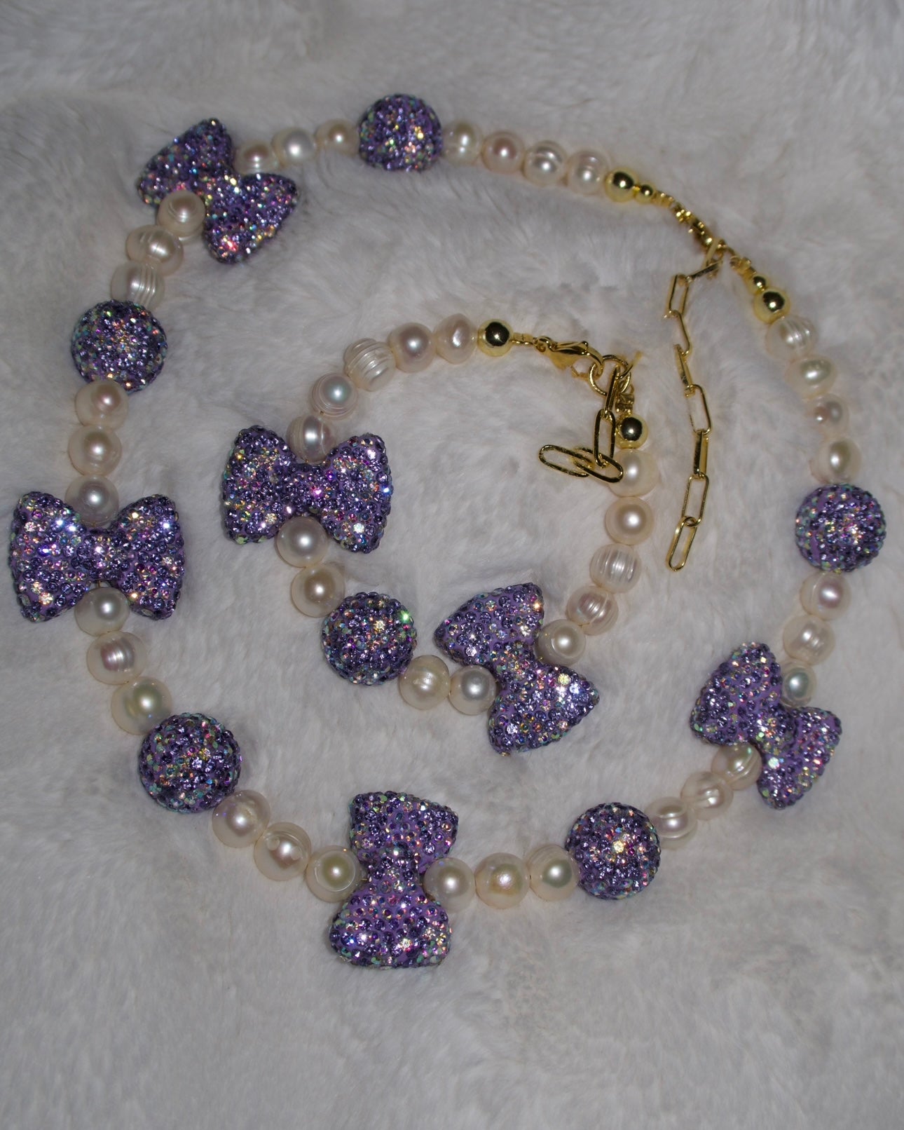 Bling Purple Bows Pearl Necklace & Bracelet🎀💜✨