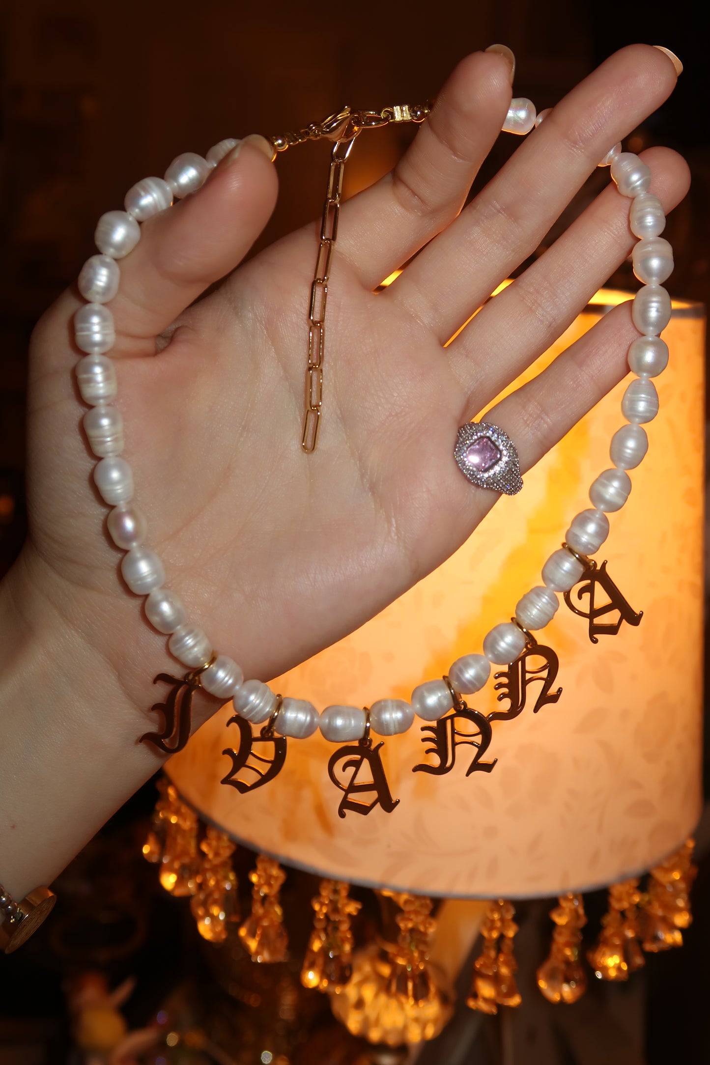 Gold Gothic Font Name Pearl Necklace