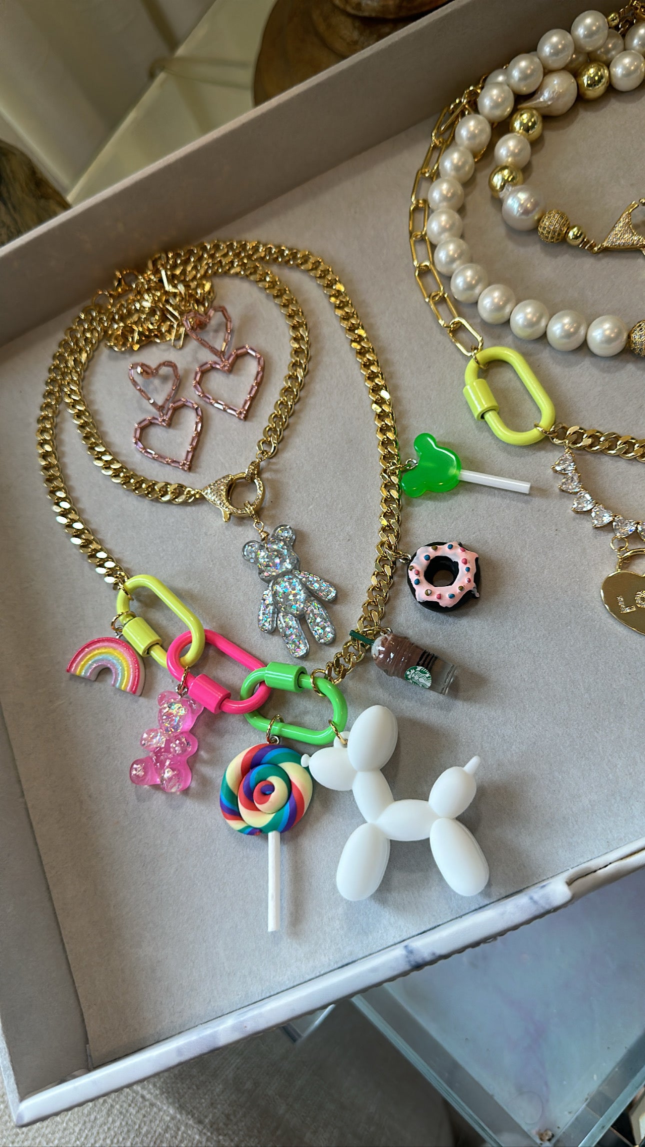 White Balloon Dog & Charms Chain Necklace