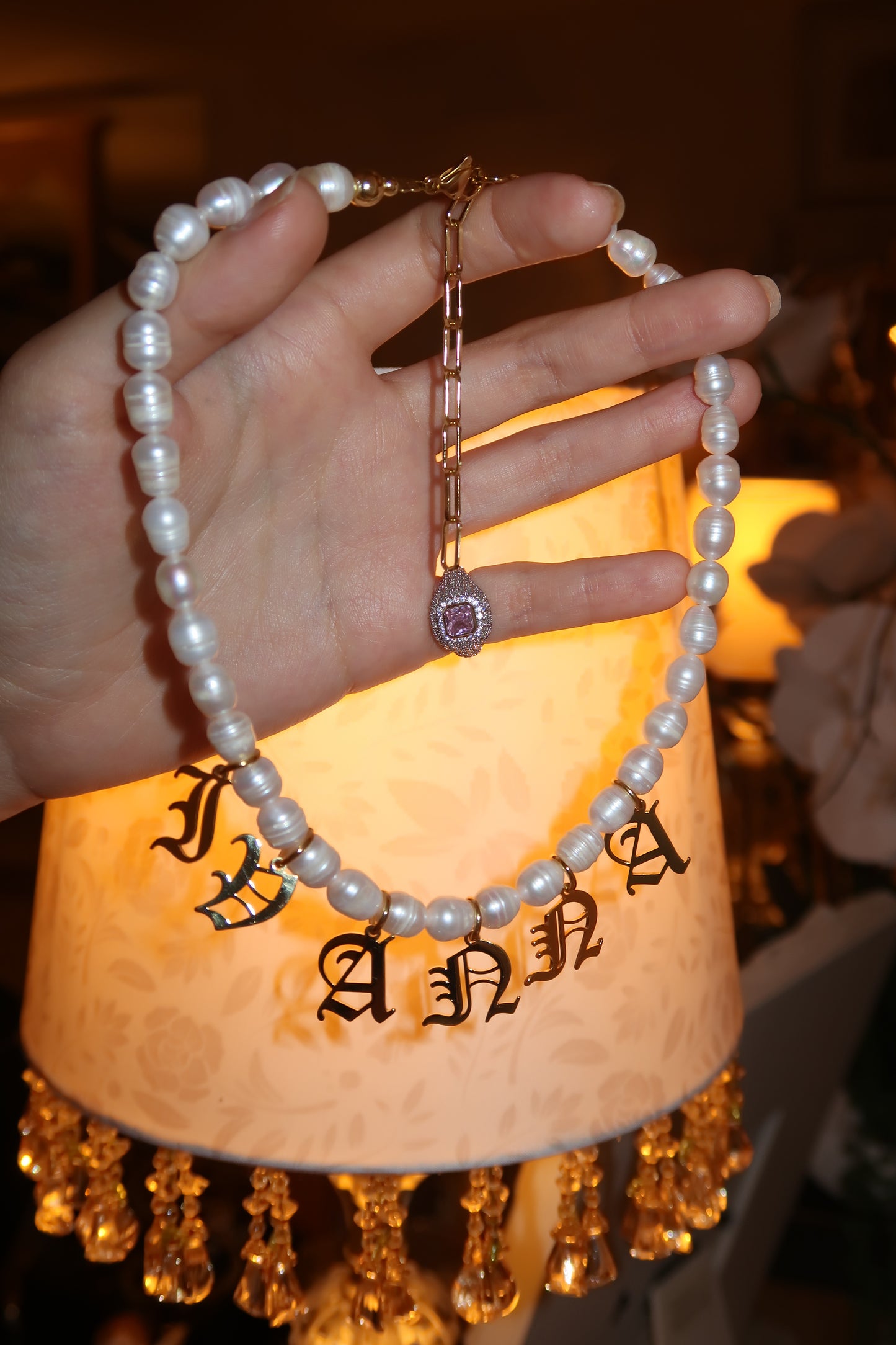 Gold Gothic Font Name Pearl Necklace