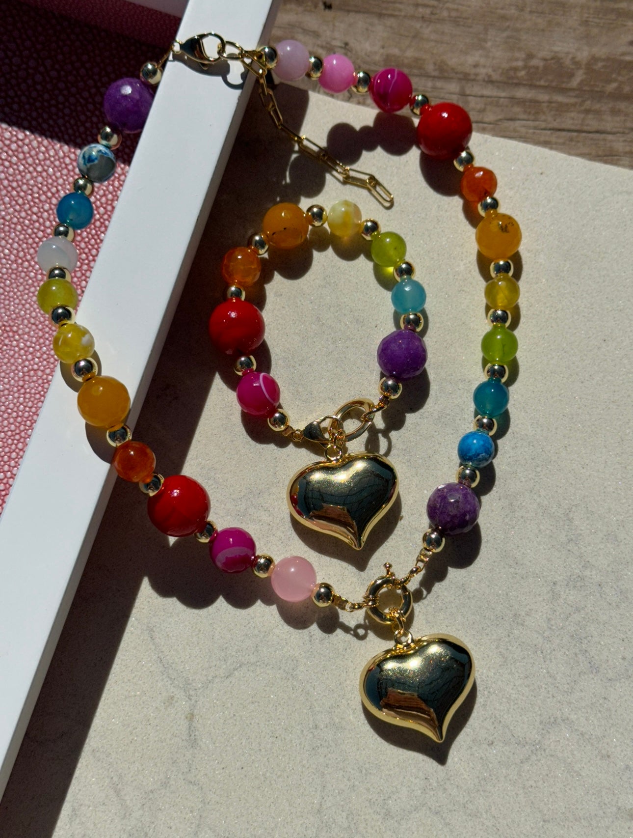 Rainbow Golden Heart Necklace & Bracelet (Sold Separately or as a Set)