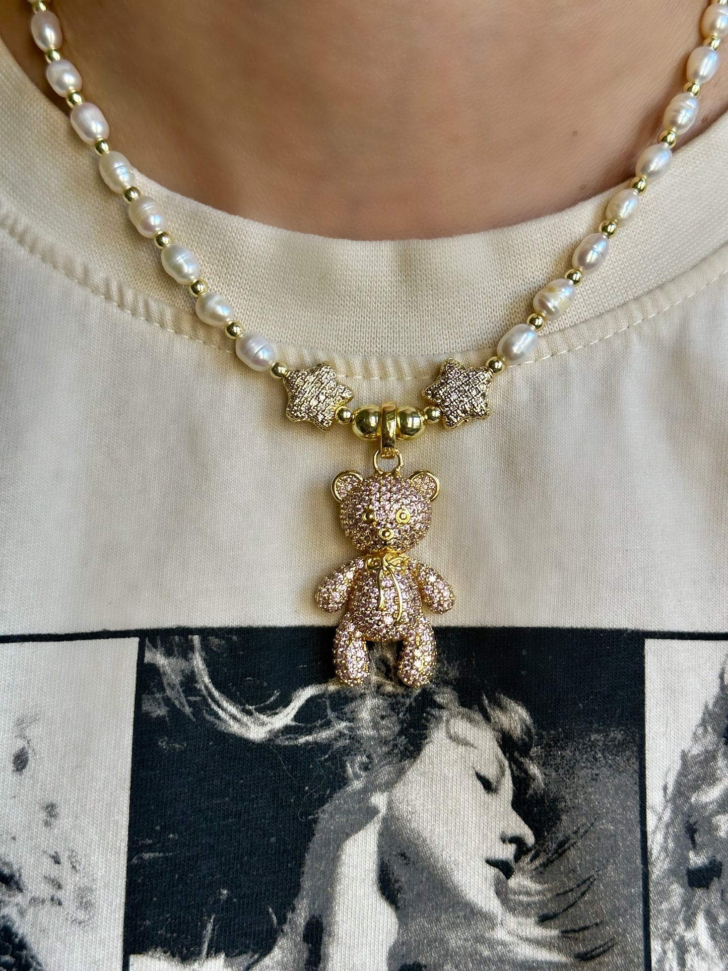 Sparkly Baby Pink Bear Pearl Necklace