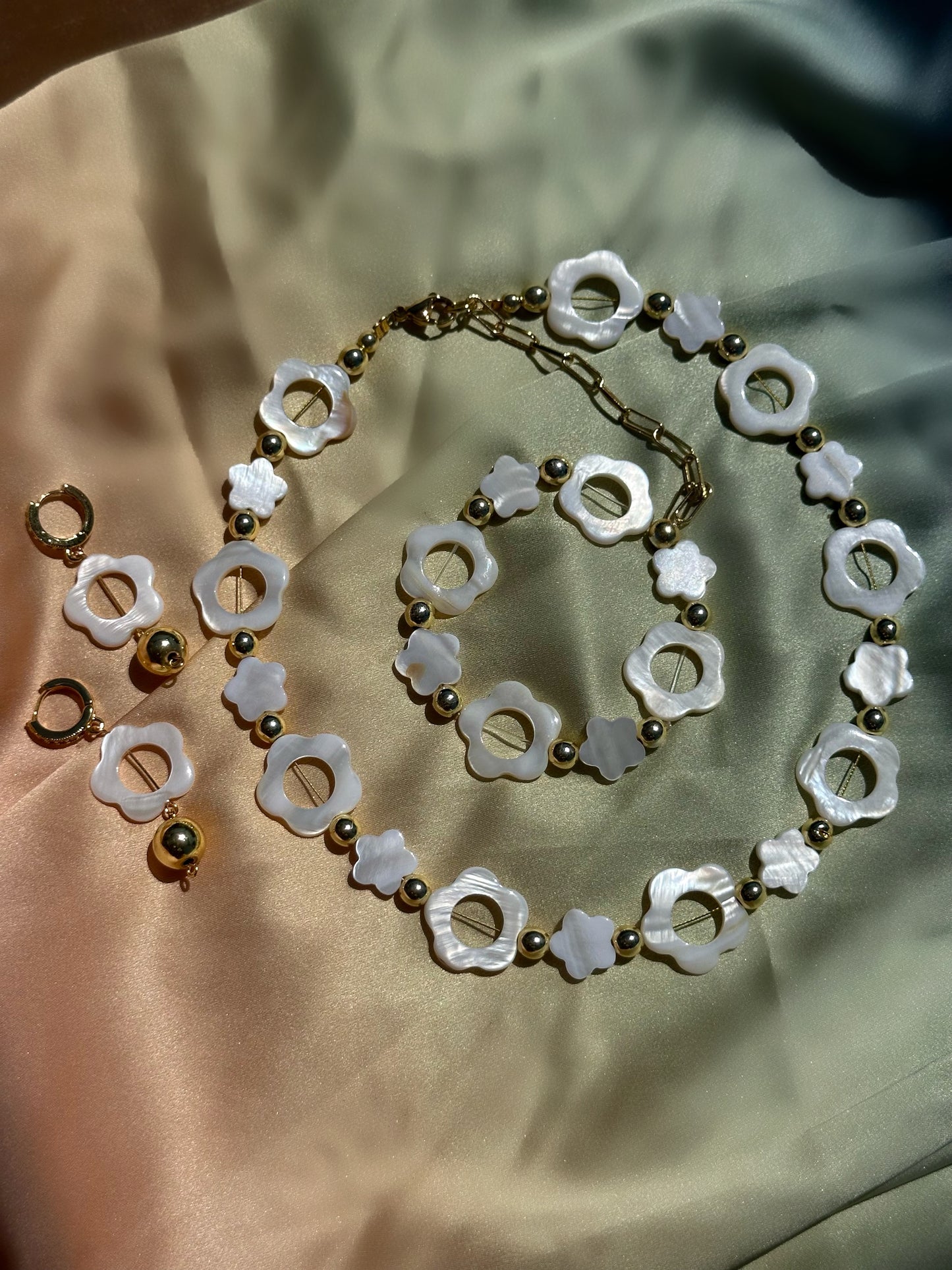 Mother of Pearl Flowers Necklace, Bracelet, Earrings (Sold Separately)