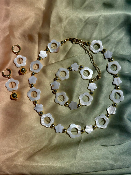 Mother of Pearl Flowers Necklace, Bracelet, Earrings (Sold Separately)