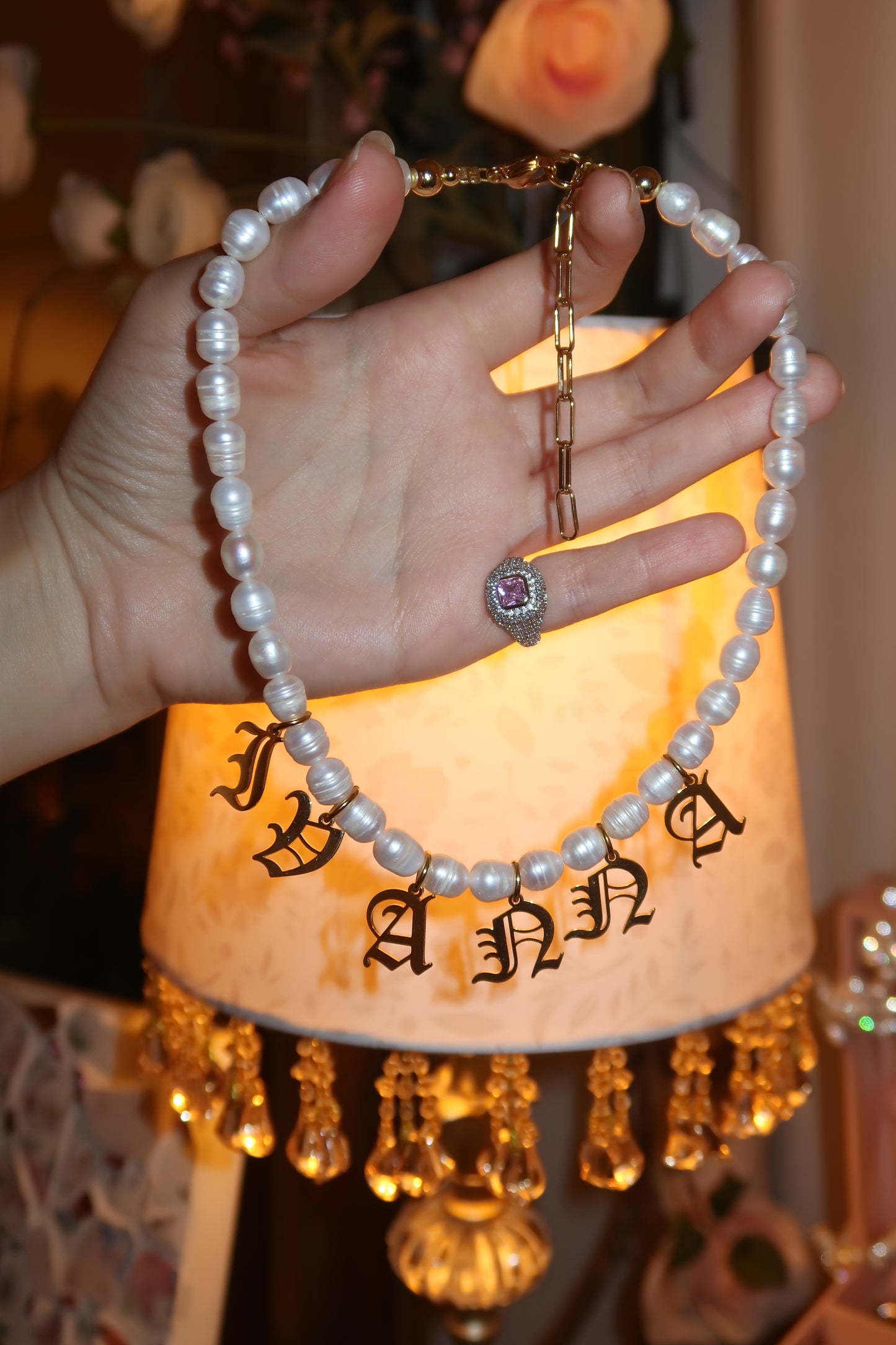 Gold Gothic Font Name Pearl Necklace