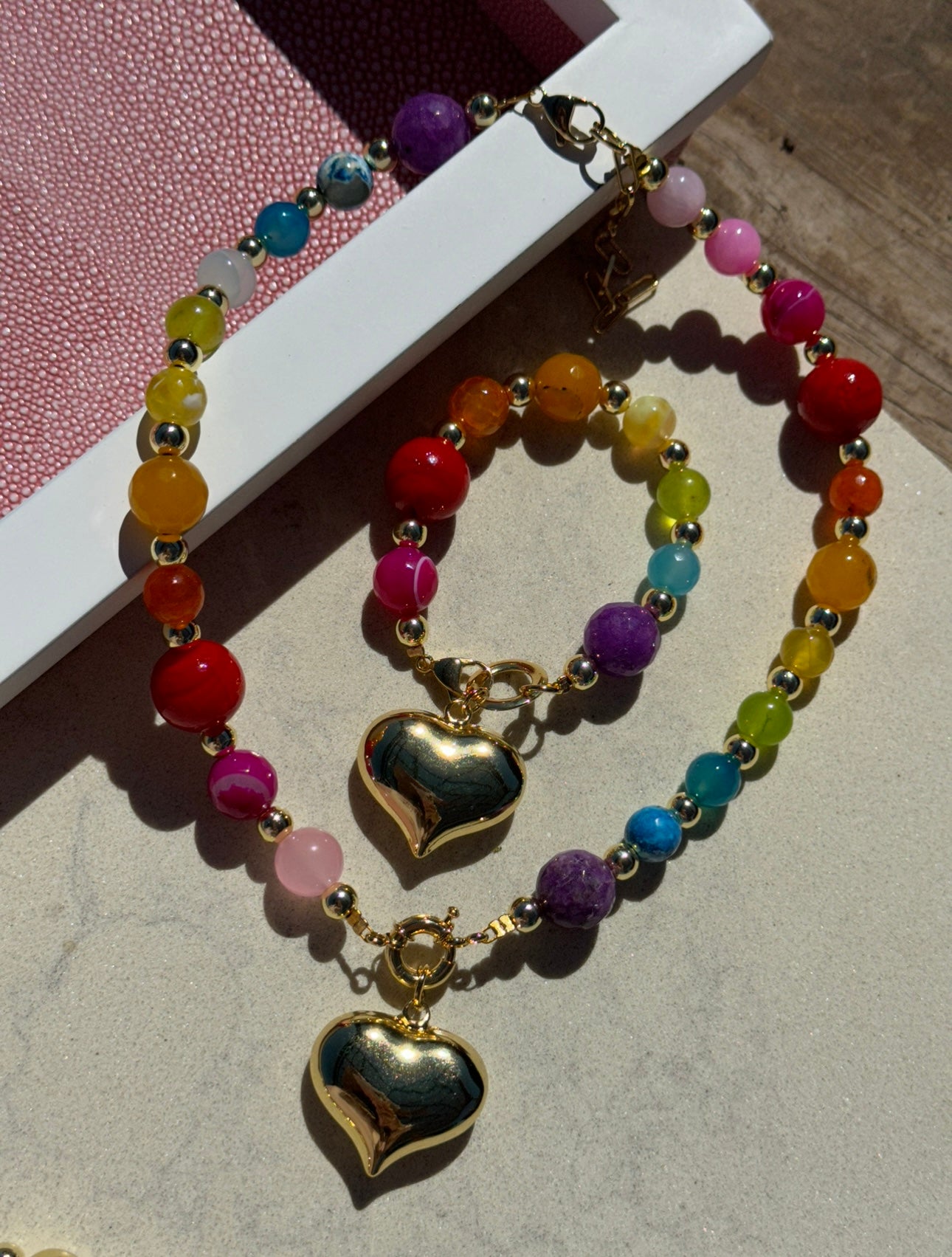 Rainbow Golden Heart Necklace & Bracelet (Sold Separately or as a Set)