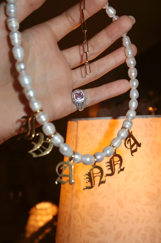 Gold Gothic Font Name Pearl Necklace