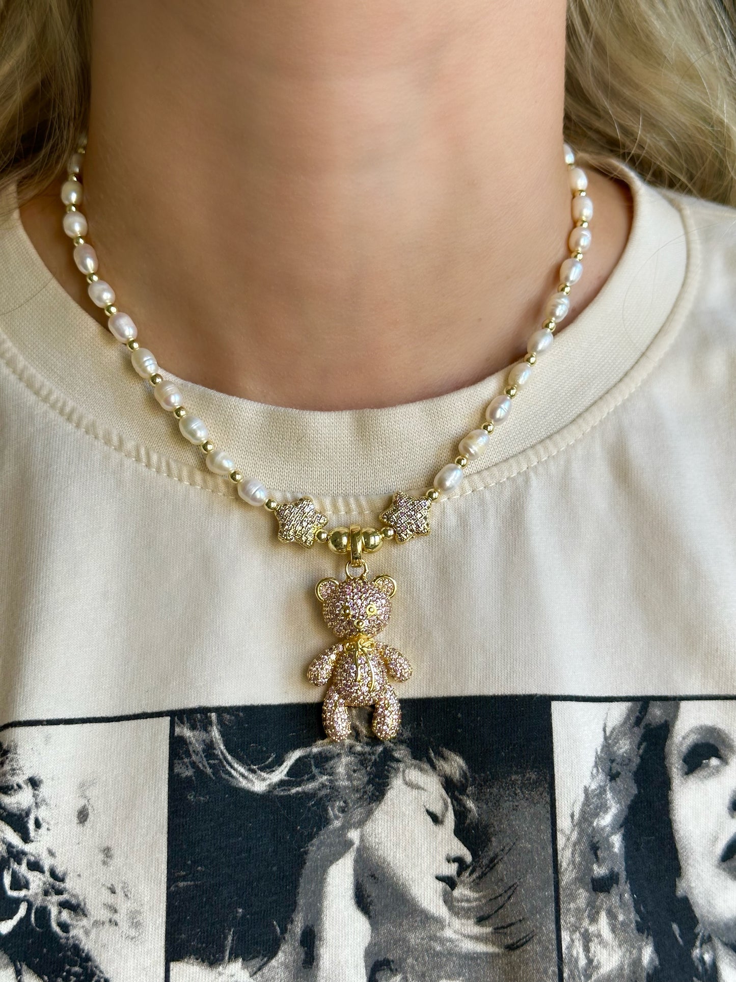 Sparkly Baby Pink Bear Pearl Necklace