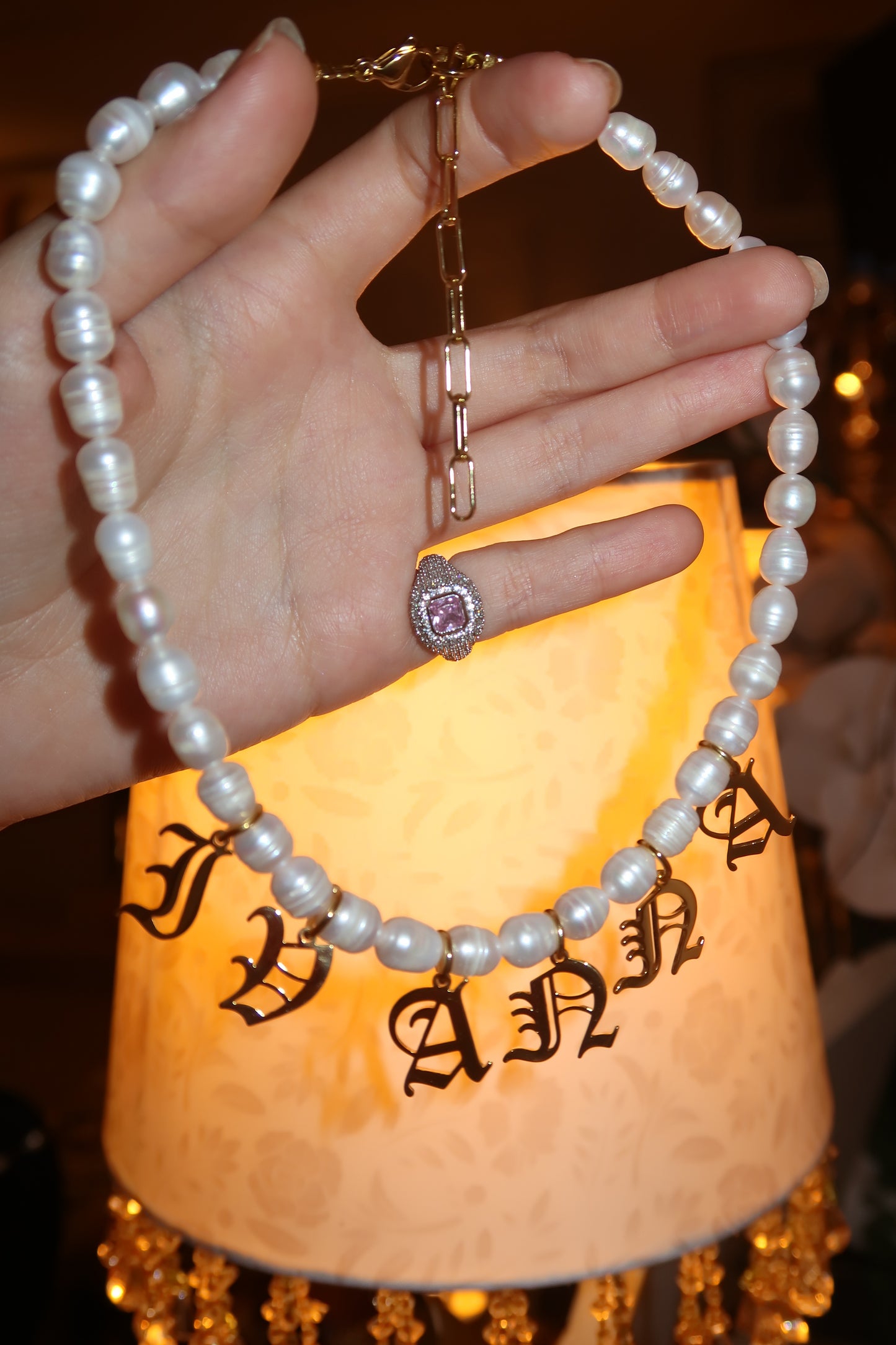 Gold Gothic Font Name Pearl Necklace