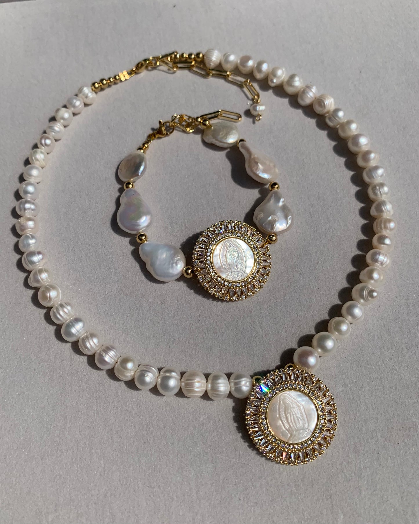 Freshwater Pearls Virgin Mary Necklace & Bracelet