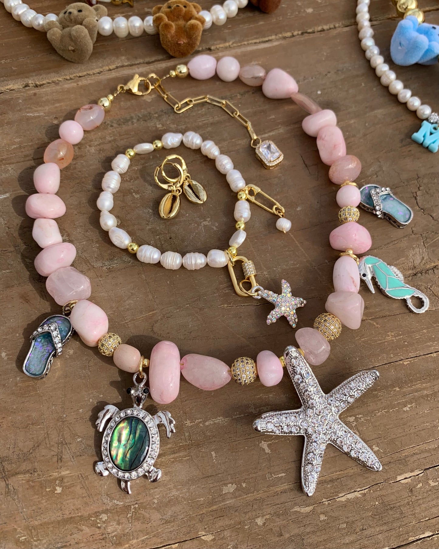 Baby Pink Agate Stones Beach Charms Necklace