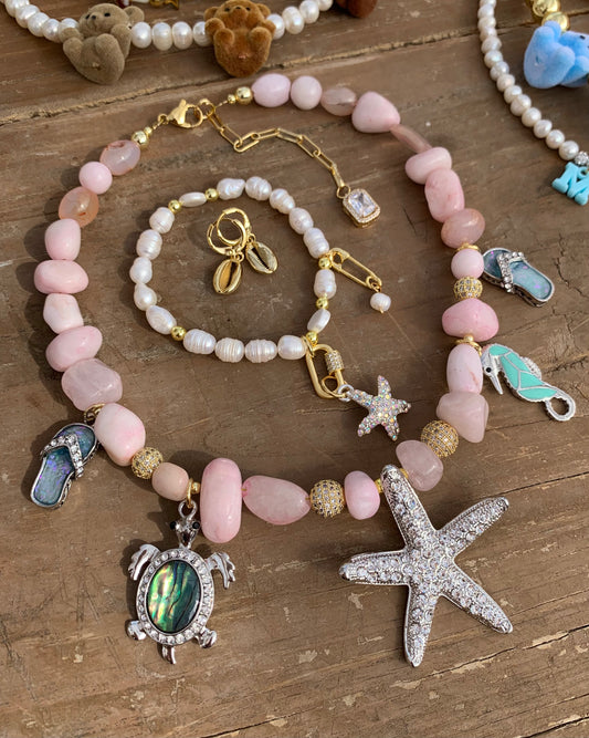 Baby Pink Agate Stones Beach Charms Necklace