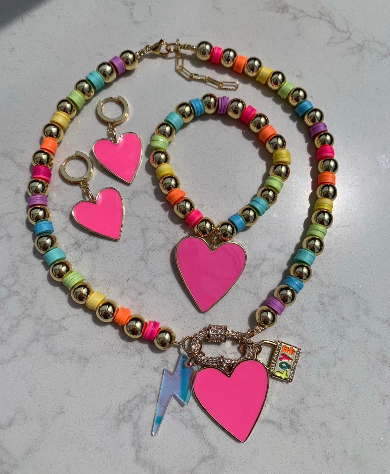 Hot Pink Rainbow Charms Necklace, Bracelet, Earrings