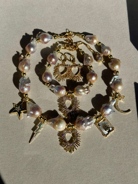 Baroque Pearls & Charms Necklace, Bracelet, Earrings (Sold Separately)