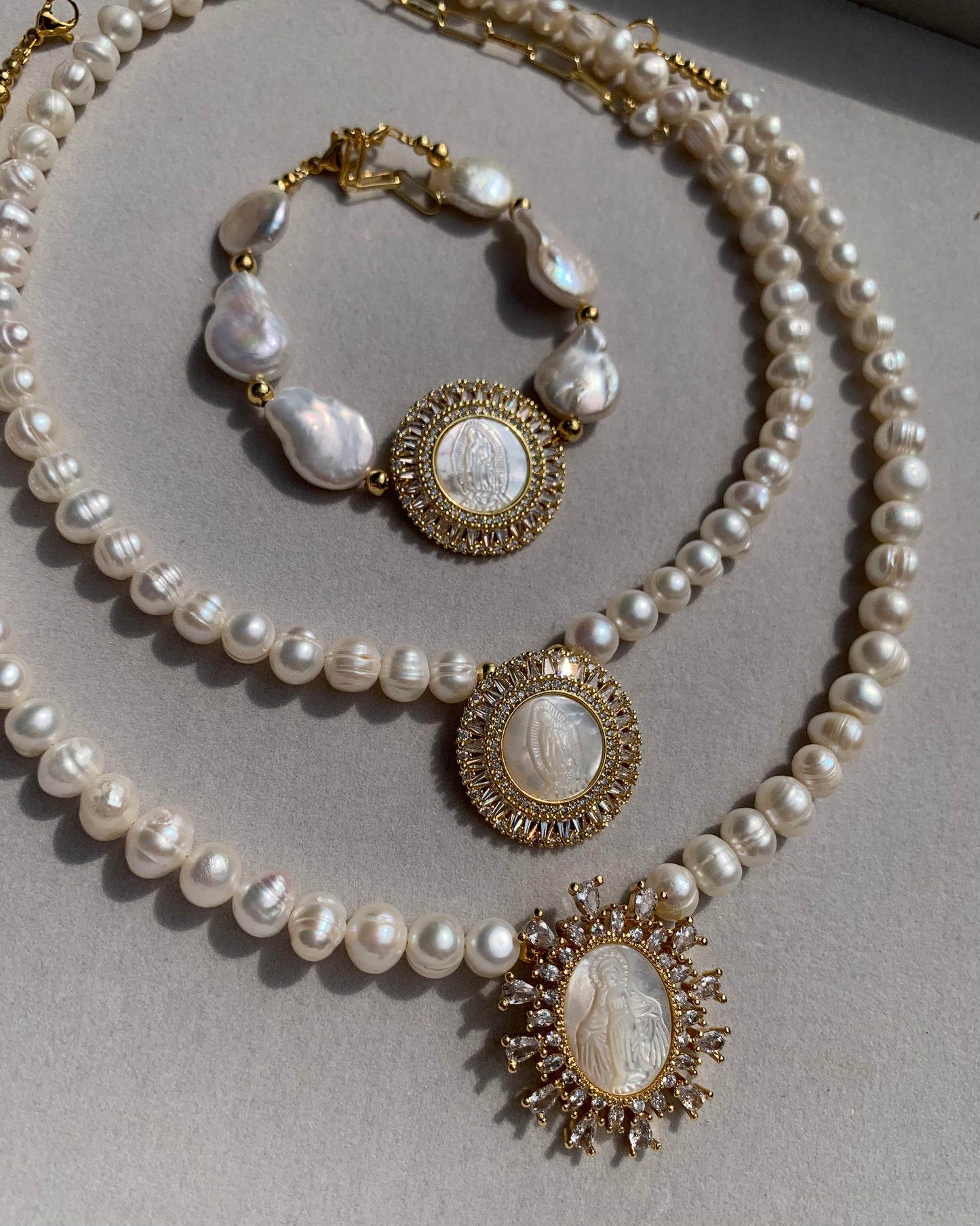 Freshwater Pearls Virgin Mary Necklace & Bracelet