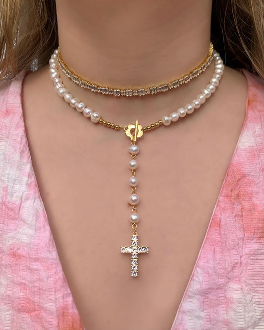 Pearls Cross Lariat