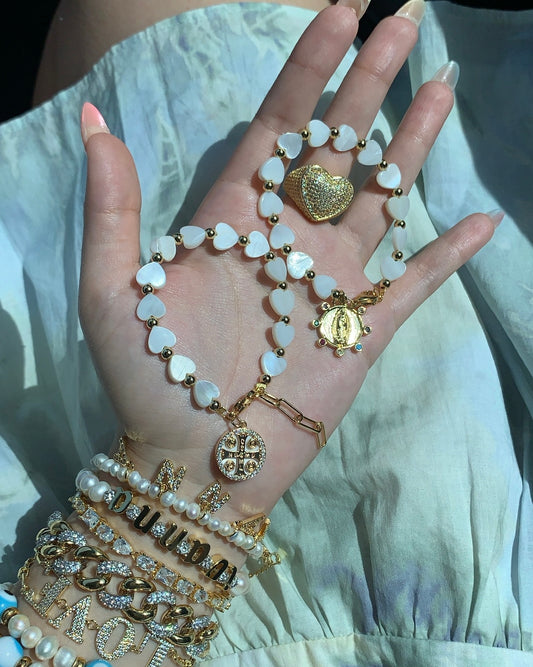 Mother Of Pearl Hearts + Charm Bracelet