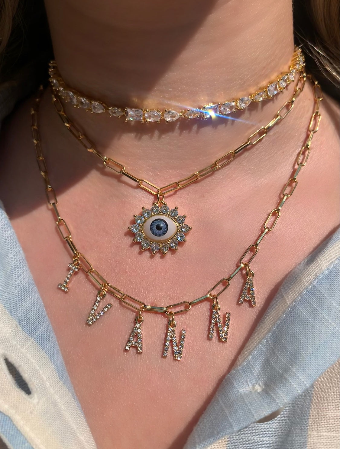 Sparkly Blue Eye Chain Necklace