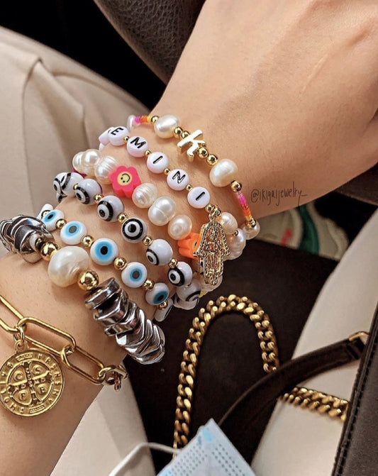 Personalized Pearls Eye & Hamsa Bracelet