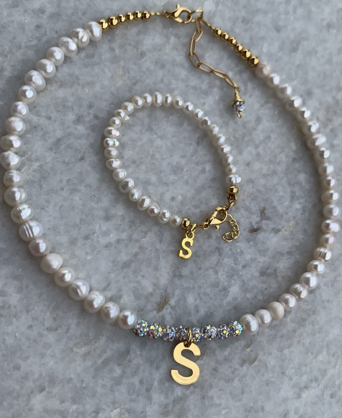 Ikigai Girl: Pearl Initial Set (Necklace & Bracelet)