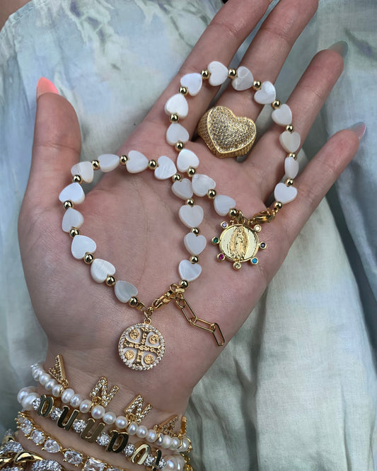 Mother Of Pearl Hearts + Charm Bracelet